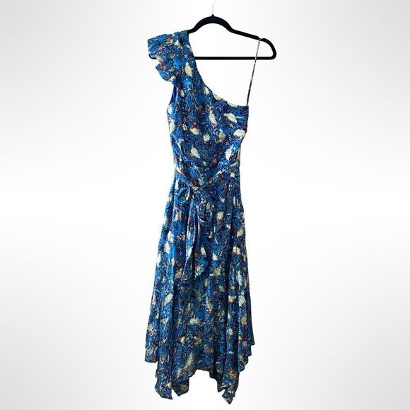Karina Grimaldi Letitzia Dress LUREX print chiffon blue gold Sz S NWT $306 - Picture 9 of 11